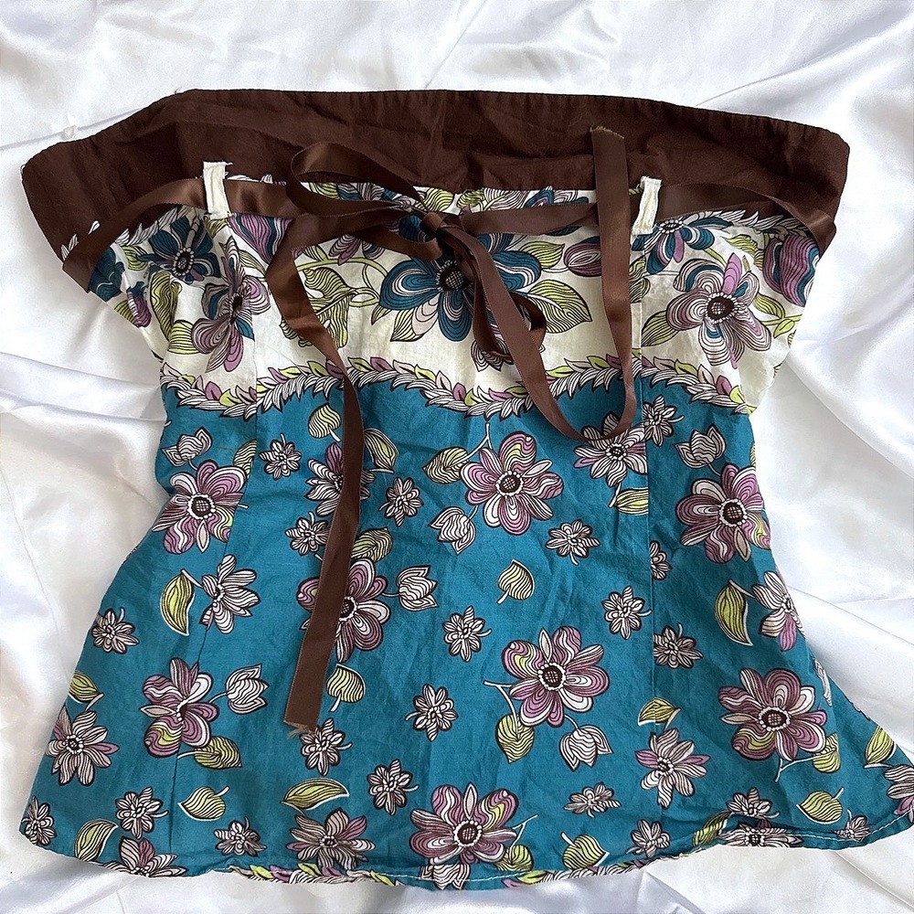 Lakubo Floral Strapless Tube Top Teal Brown Ribbon Tie Boho Cotton Large